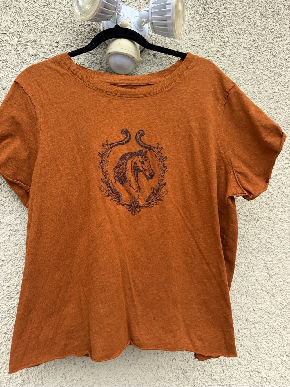 Anthropologie Maeve Embroidered Horse Graphic Tee Rust Cotton NWOT Large